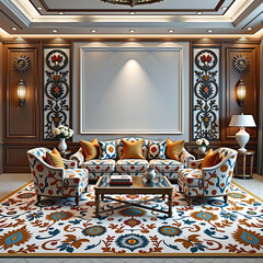 A luxurious and elegantly designed living room with a clear influence of modern interior aesthetics