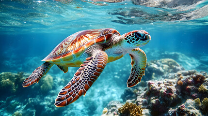 Fototapeta premium Colorful sea turtle swimming in clear turquoise water.