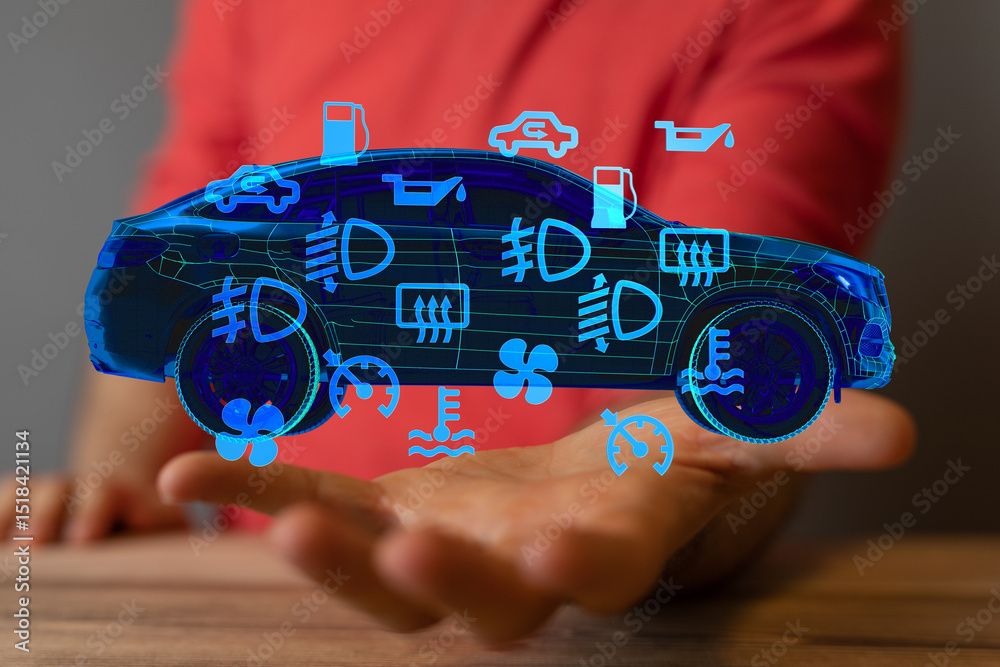 Poster stock photo of digital car dashboard warning lights and symbols displayed on a hand.