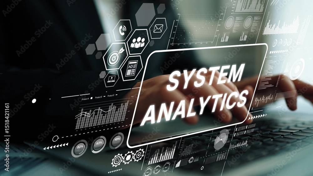 Poster professional hands performing system analytics on digital interface with data visualizations and gra