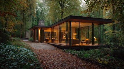 Modern Minimalist Forest House with Large Glass Windows, Seamlessly Integrated into Lush Woodland, Tranquil Architectural Design with Soft Natural Light and Background Noise.