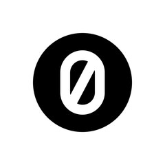 A bold black circle containing a white abstract shape with a diagonal line cutting through the center design