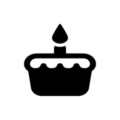 Illustration of a frosted cake with a single candle on top in solid black on a white background view