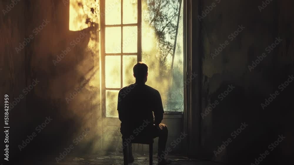 Poster a person sitting in a chair with a view outside the window