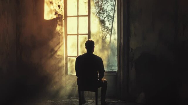 A person sitting in a chair with a view outside the window