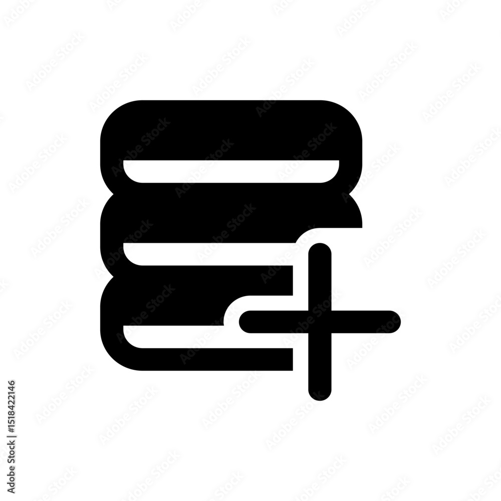 Poster black database icon with plus sign indicating addition or creation of new data storage elements and 