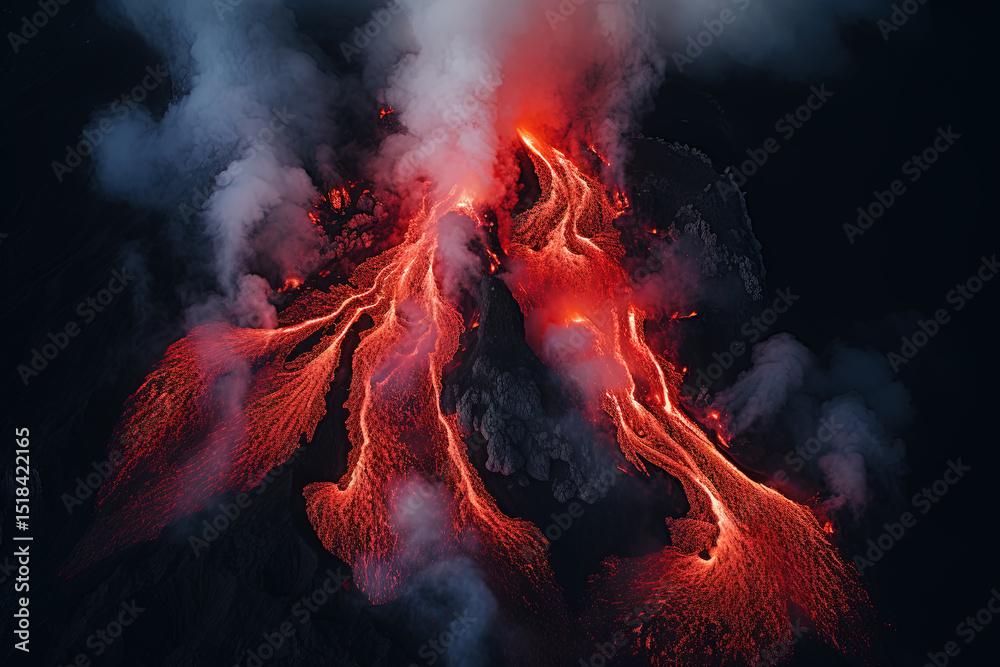 Wall mural volcano eruption from a bird view. volcano crater and magma flow shot from above. genertated ai.