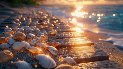 Fototapeta premium Seashells on wooden beach path at sunset