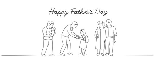Line drawing of a father with children at different life stages, celebrating Father's Day with love and family bonding.