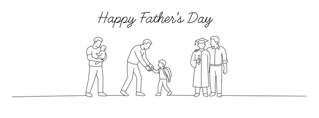 Minimalist line drawing of father and children in different life stages for Father's Day, showing love and family.
