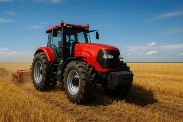 Obraz premium Tractor cultivating golden fields under a bright blue sky in the afternoon light
