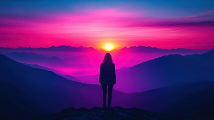 Obraz premium Silhouette of a woman at vibrant sunrise over mountain range