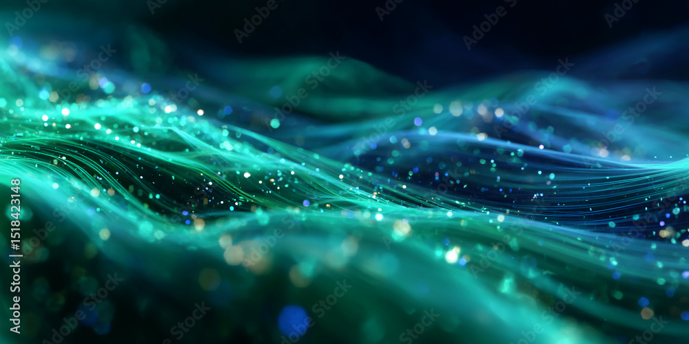 Poster Abstract teal waves with glowing particles, creating a dynamic and ethereal visual, showcasing energy, technology, or a futuristic concept