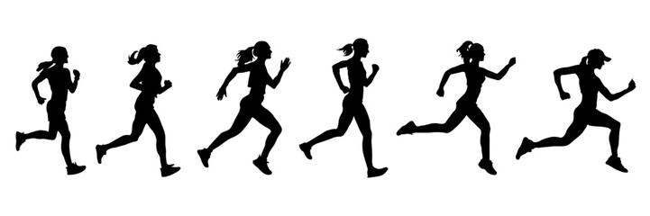 Athletic running women, black vector icons. Group of running girls, silhouettes. Vector silhouettes of athletic women in motion