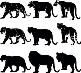 Silhouette Assortment of Big Cats Featuring Tigers, Panthers and a Lion