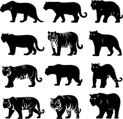 Silhouette Collection of Tigers and Panthers in Various Poses and Expressions