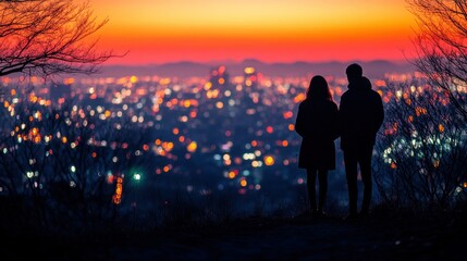 Fototapeta premium Silhouetted couple views city lights at sunset