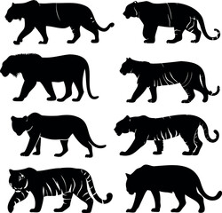Black Silhouette Illustration Featuring a Variety of Different Tigers in Various Poses