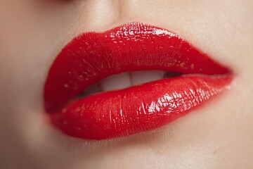 Obraz premium Closeup of bright red glossy lips slightly parted revealing teeth Skin texture is visible