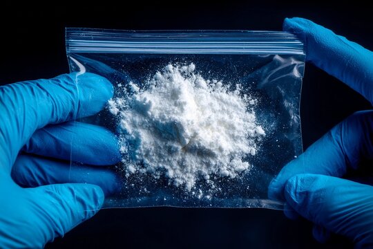 Drug evidence bag held by forensic investigator in a lab setting