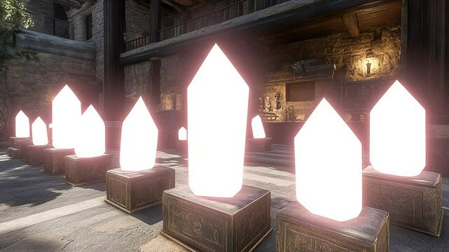 Glowing Crystals in an Ancient Courtyard
