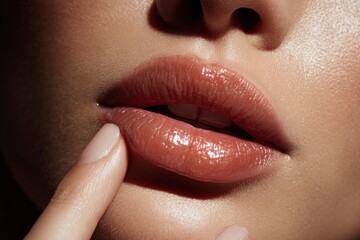 Closeup of glossy lips slightly open to reveal teeth with a finger touching the lower lip Focus on skin texture and light reflections