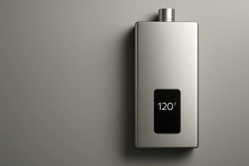 Sleek tankless water heater displaying temperature in a modern interior setting