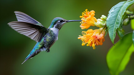 Obraz premium A hummingbird in flight feeding from a flower.