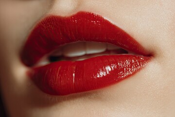 Fototapeta premium Closeup of glossy red lips slightly parted revealing white teeth The focus is on the vibrant color and texture of the lips
