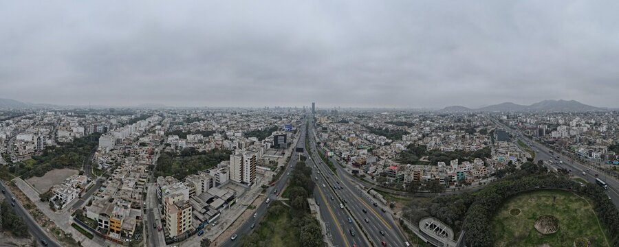 Beautiful panoramic aerial view of Javier Prado Avenue and the cloverleaf road in San Borja, Lima, Peru