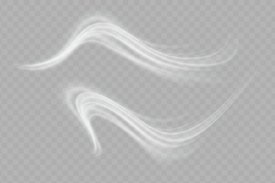 Visualization of air or water flow. Set of white air flow wave effects. vector png