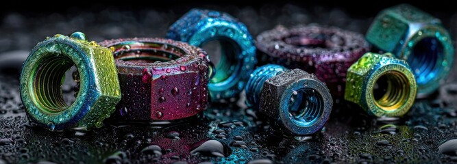 Realistic metallic nuts and bolts with vibrant colors and water droplets on a dark surface