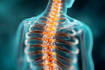 Close-up of a human spine, rendered in shades of teal and orange, showcasing intricate bone structure, representing anatomy, health, or medical science