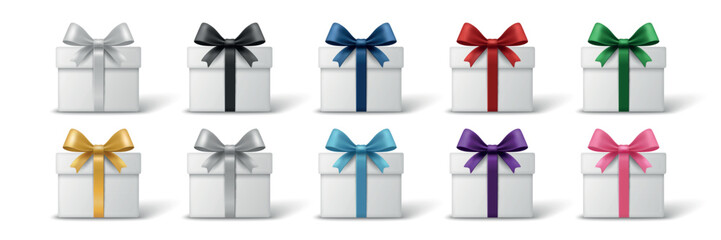 Vector 3d Realistic Gift Box Set with Colorful Ribbons and Bows. Gift Package with Silver, Gold, Red, Pink, Blue, Green Gift Wraps for Holiday Banner, Birthday Greeting, Surprise Decor, Gift Icon Set