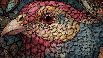 A majestic bird of intricate design showcasing the beauty of detailed artistry and vibrant color
