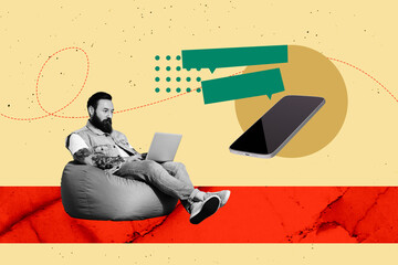 3d trendy image photo collage of serious man sit beanbag type laptop message phone screen...