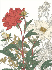 Peony, white background, hand drawn style, vintage poster