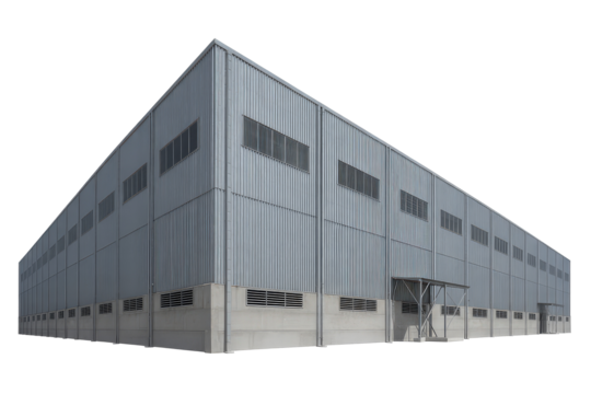 Exterior view of a large industrial building with metal siding and windows on transparent background