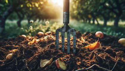 Close-up of an old metal pitchfork stuck in compost soil with fresh organic material in a rural garden.