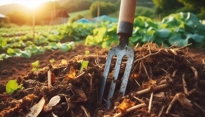 Close-up of an old metal pitchfork stuck in compost soil with fresh organic material in a rural garden.