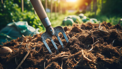 Close-up of an old metal pitchfork stuck in compost soil with fresh organic material in a rural garden.