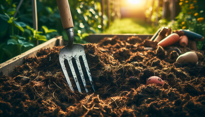 Close-up of an old metal pitchfork stuck in compost soil with fresh organic material in a rural garden.
