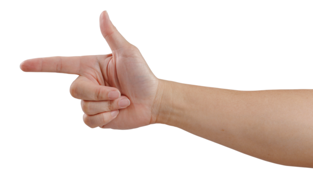 A man hand finger pointing to the left with thumb up in finger gun gesture in meaning of acknowledge and body language communication concept. Isolated cutout in transparent background.