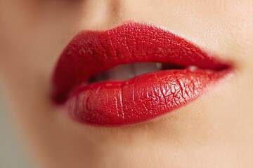 Closeup of red lipstick on slightly parted lips revealing a glimpse of teeth and skin texture