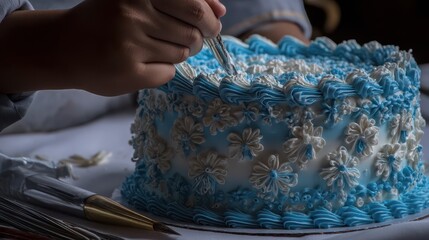 Close-up view of decorated cake artistry.