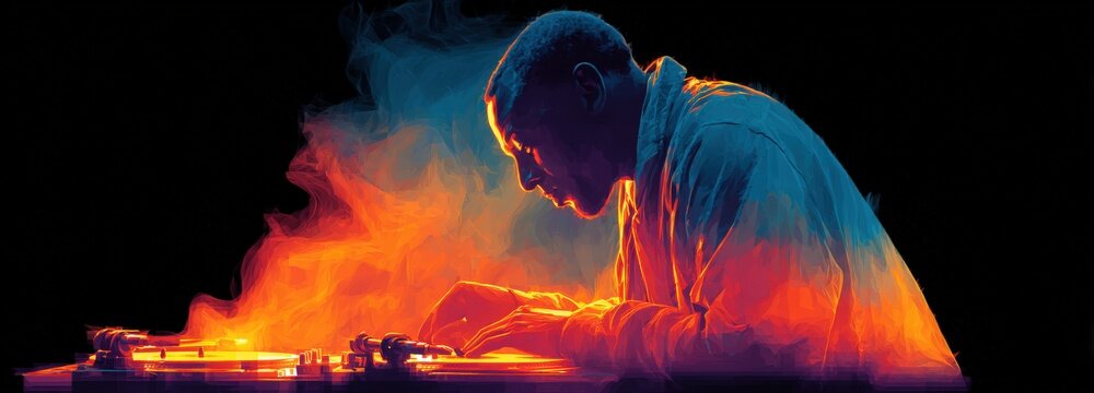 Dynamic DJ mixes vibrant sound waves in abstract silhouette against black background