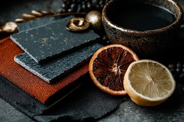 Textures and colors create a still life arrangement with citrus and materials