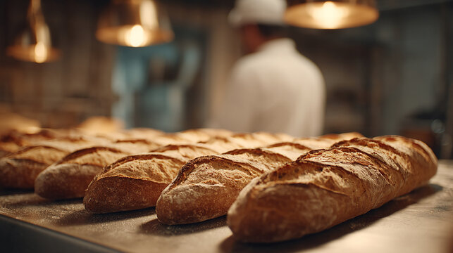 Close-up of freshly baked baguettes on a metal surface, warm light illuminating their crust, showcasing bakery freshness and artisan breadmaking