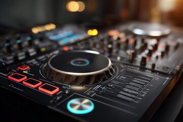 High-quality DJ equipment in a lively music setting with vibrant lighting effects