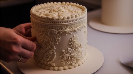 Ornate, decorative cake being decorated with intricate detail.